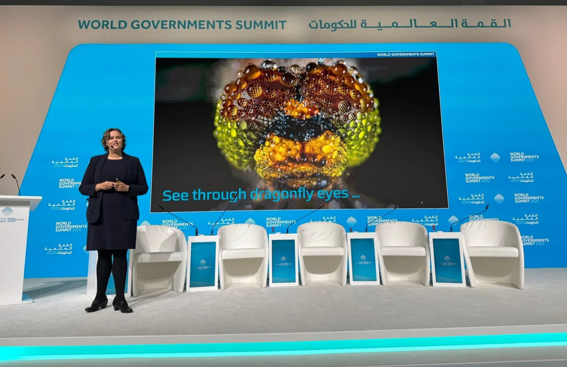 Anthea Roberts on the World Government Summit main stage — 'See through dragonfly eyes'